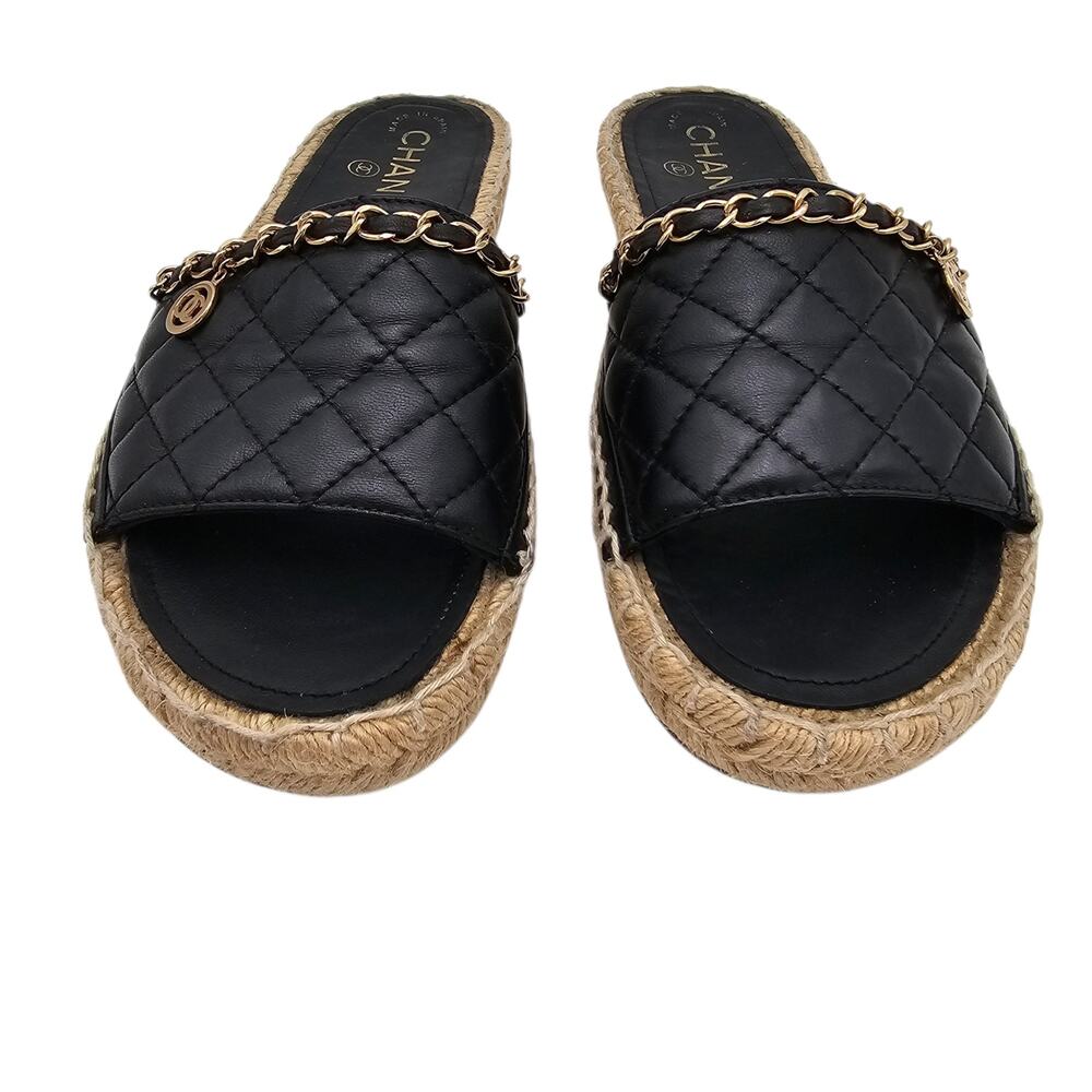 Chanel CC Chain Flat Slide Espadrille Sandal Black Quilted Leather Size 37 6 6.5 - Picture 3 of 11